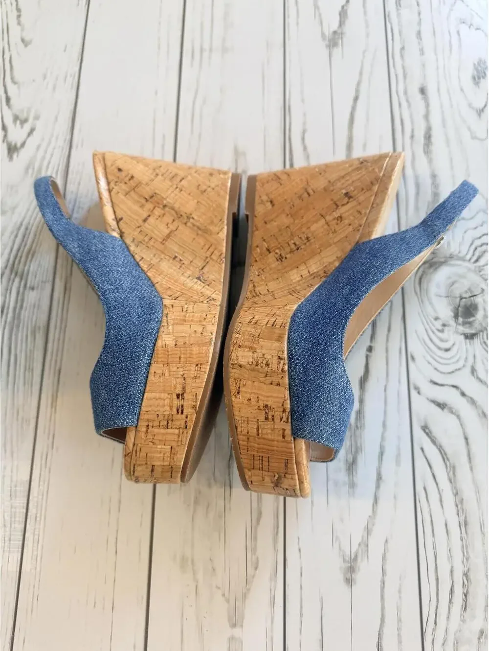 Stuart Weitzman Women's Size 6 Jean Denim Cork Wedge Peep Toe Slingback Sandals - Picture 5 of 15